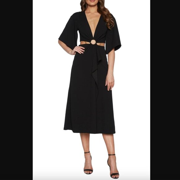 Bardot Black Teri Ring Midriff Midi Cocktail Dress 12 NWT - Picture 1 of 6
